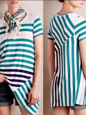 Little Yellow Button Women's Teal Navy Striped Asymmetrical Tunic Top Medium